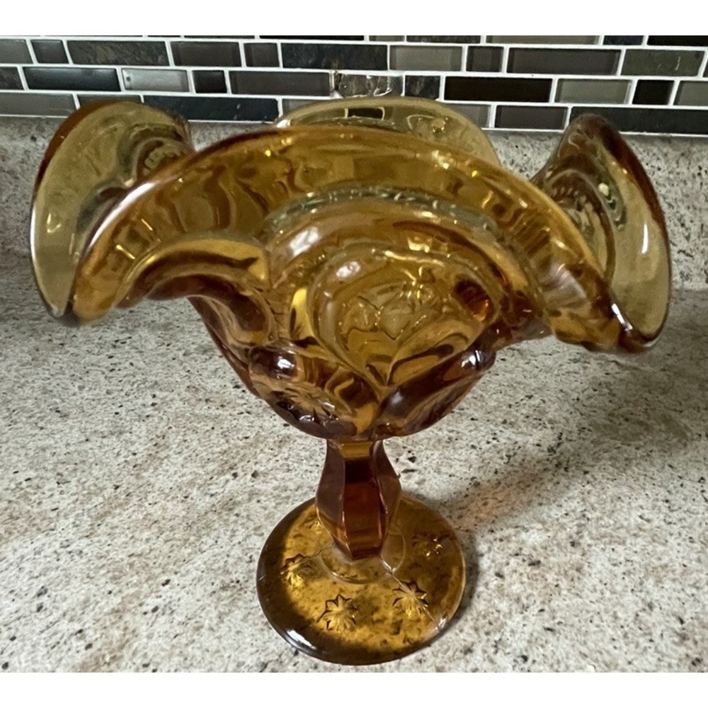 Amber Moon and Stars Pedestal Compote Candy Dish Ruffled Lip Vtg L E Smith 6"